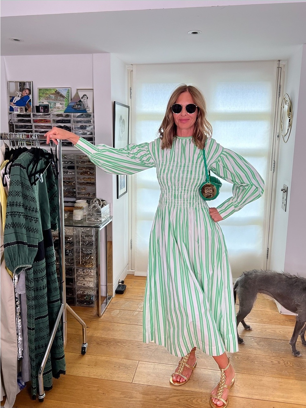 Ganni Green and White Striped Maxi Dress